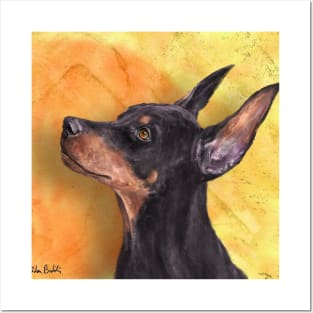 Painting of a Cute Doberman Pinscher on Orange Background Posters and Art